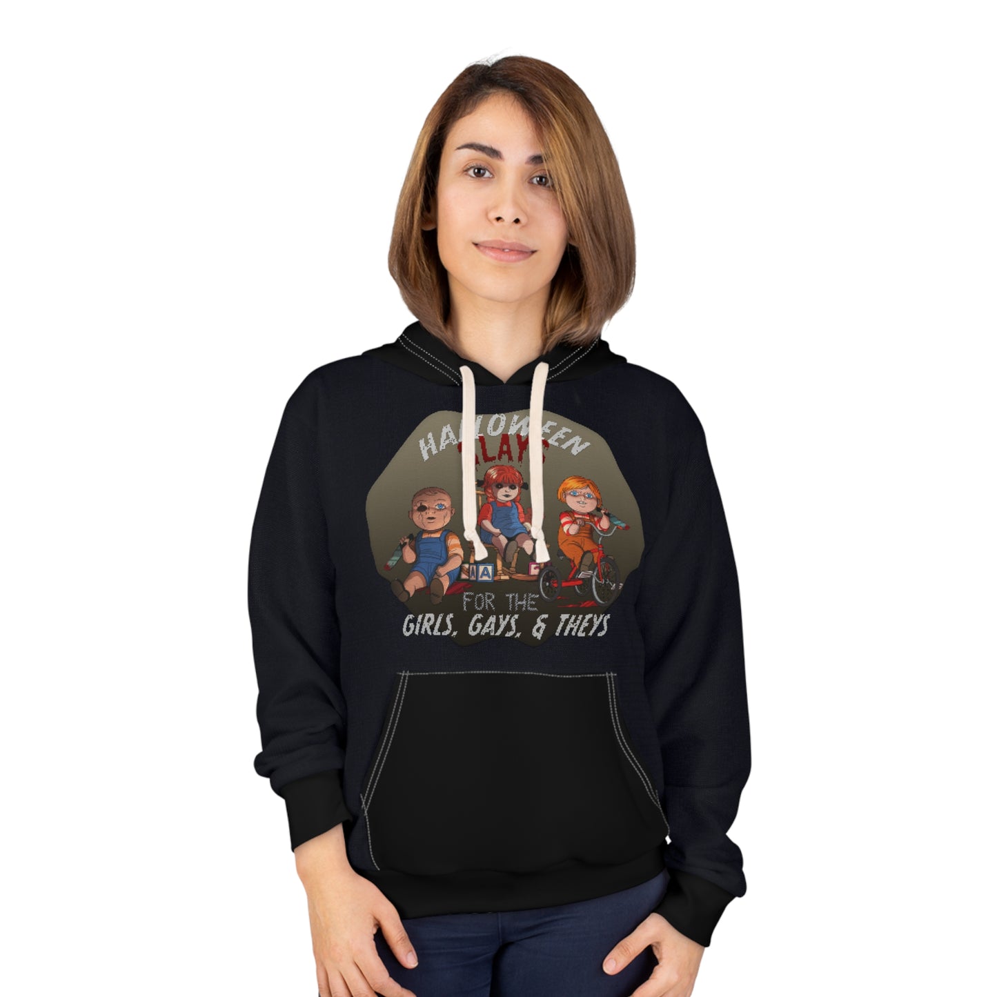 Pullover Hoodie - "Halloween Slays for the Girls, Gays and Theys" Faux Cross Stitch Design