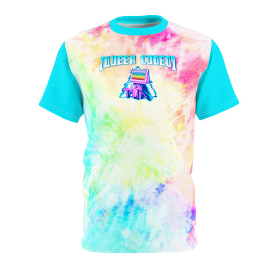 "Queer Coded" Pride Tie Dye Rainbow Tee with Blue Accents