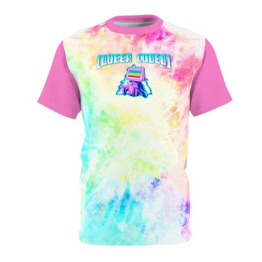 "Queer Coded" Pride Tie Dye Rainbow Tee with Pink Accents