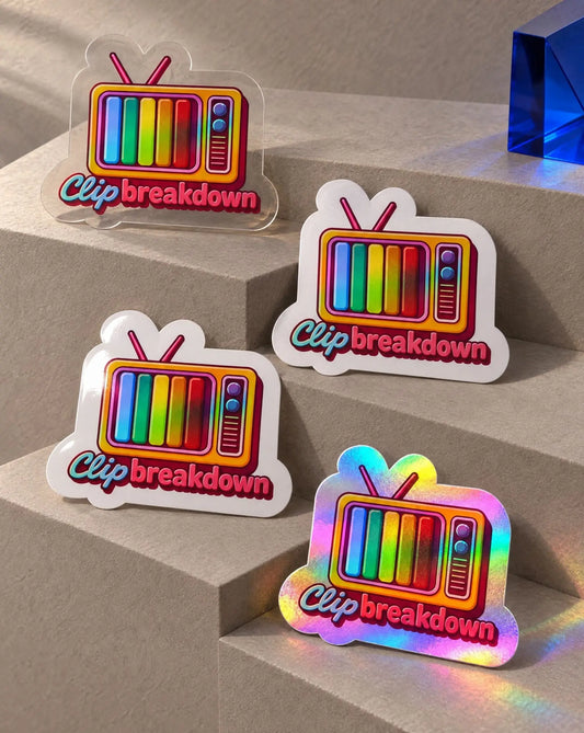 Clip Breakdown Retro TV stickers in Clear, Satin, Glossy, and Holographic finishes together