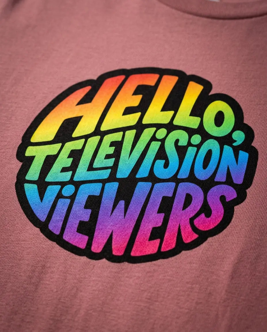 Close-up of rainbow artwork printed on the Mauve T-shirt