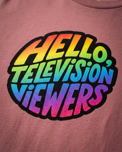 Close-up of rainbow artwork printed on the Mauve T-shirt