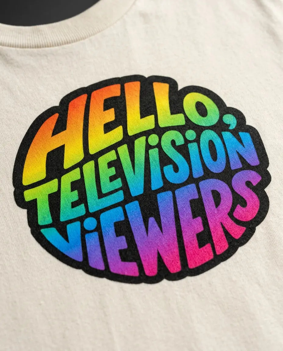 Close-up of rainbow artwork printed on the Natural T-shirt