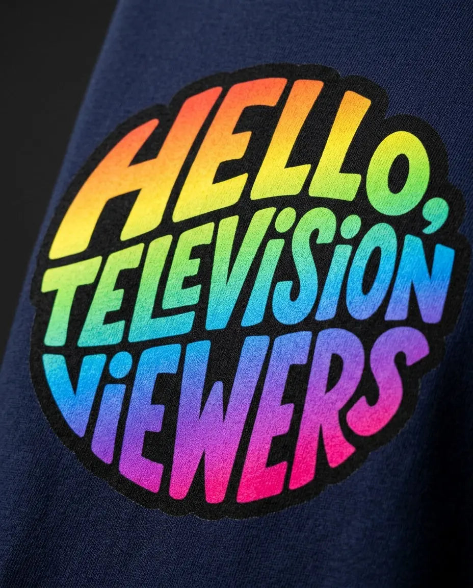 Close-up of rainbow artwork printed on the Navy T-shirt