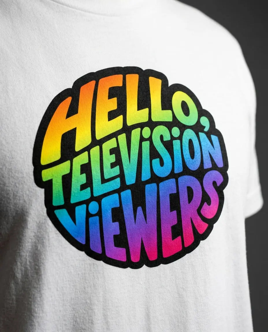 Close-up of rainbow artwork printed on the White T-shirt