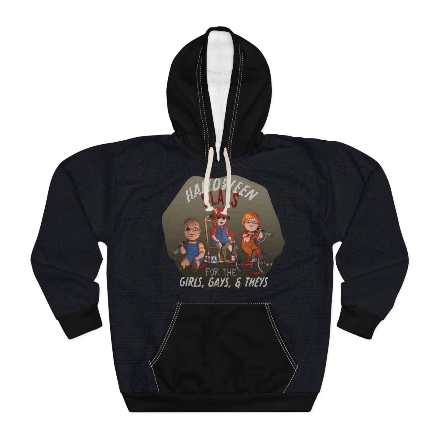 Pullover Hoodie - "Halloween Slays for the Girls, Gays and Theys" Faux Cross Stitch Design