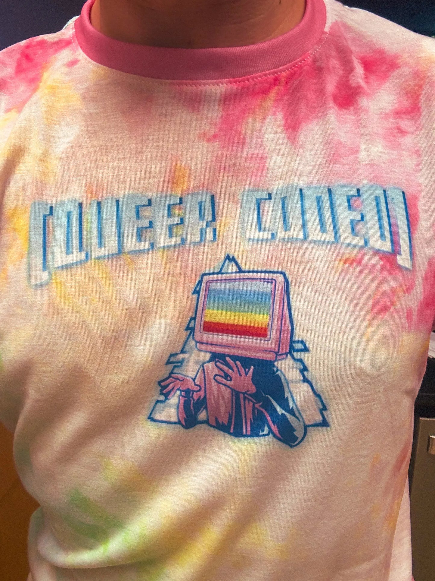 "Queer Coded" Pride Tie Dye Rainbow Tee with Blue Accents