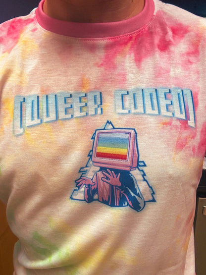 "Queer Coded" Pride Tie Dye Rainbow Tee with Blue Accents