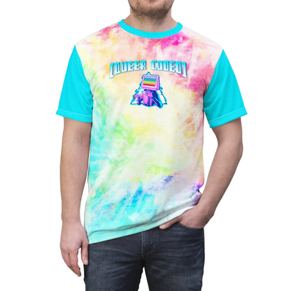 "Queer Coded" Pride Tie Dye Rainbow Tee with Blue Accents