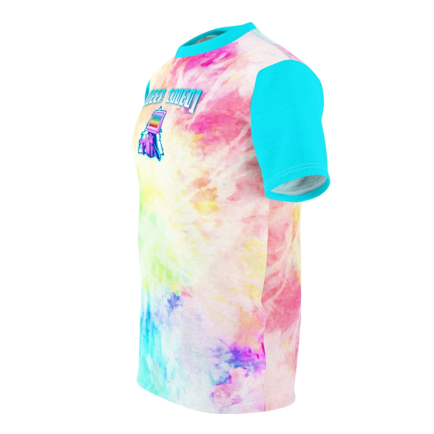 "Queer Coded" Pride Tie Dye Rainbow Tee with Blue Accents