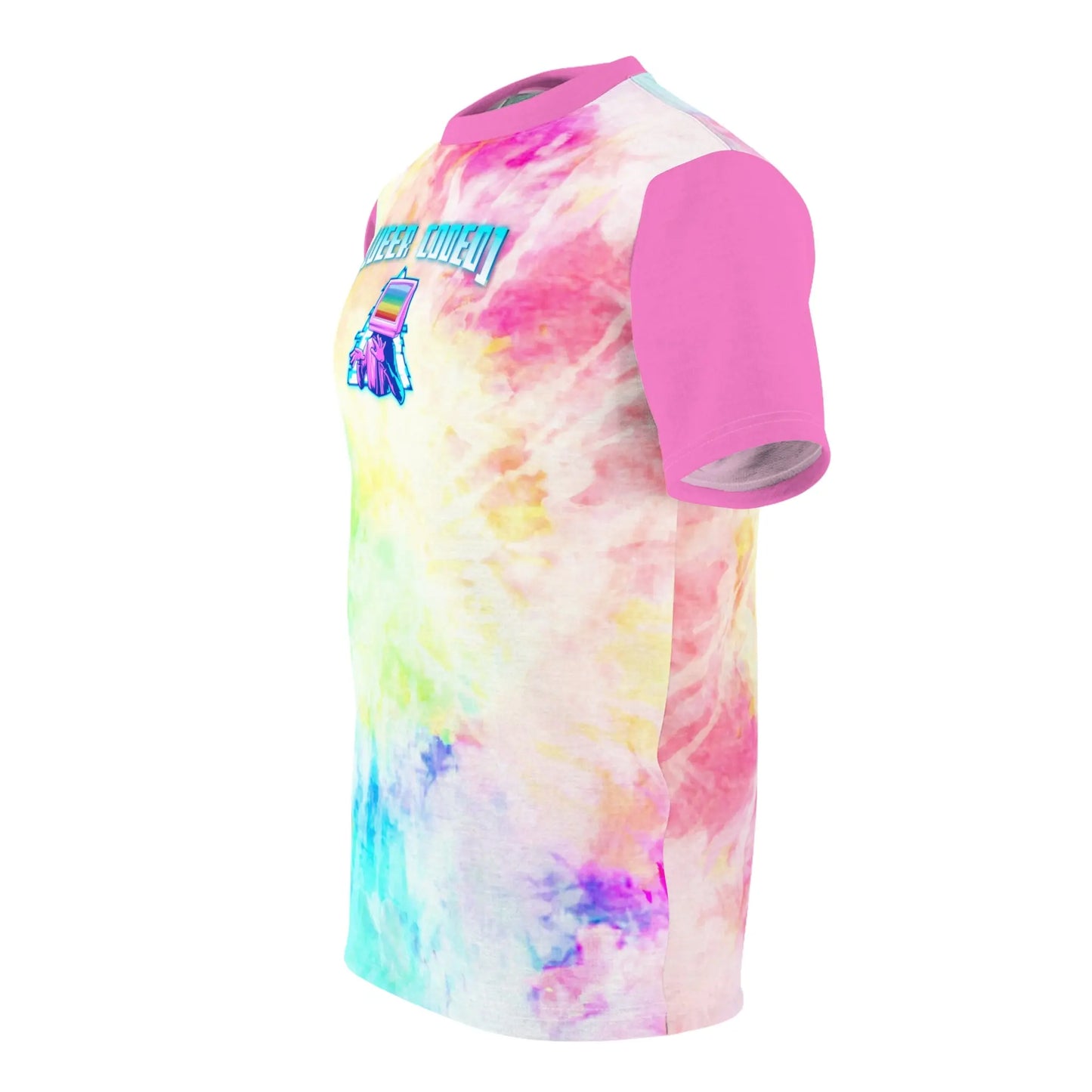 "Queer Coded" Pride Tie Dye Rainbow Tee with Pink Accents