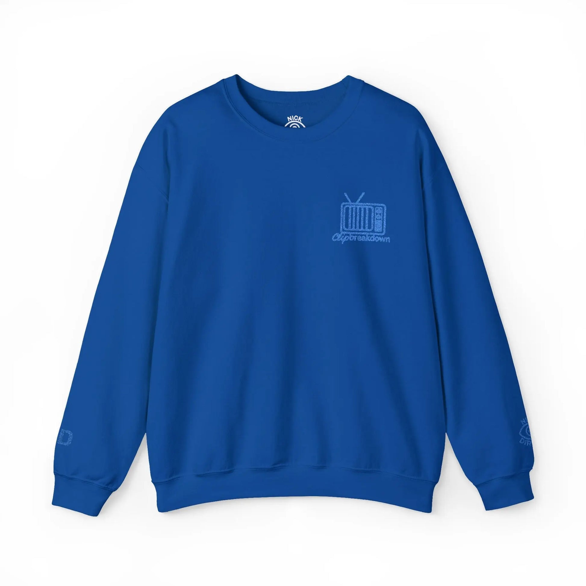 Retro TV Crewneck Sweatshirt – 'Glitch Breakdown' Blue Embroidered Graphic 