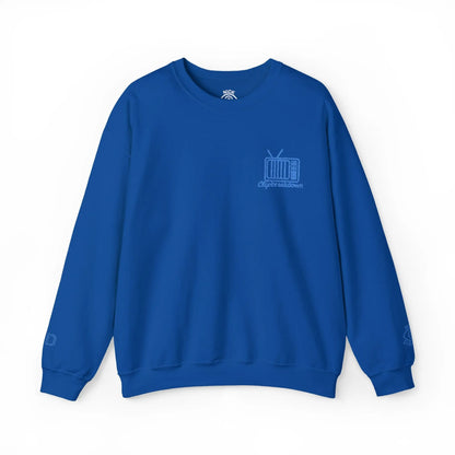 Retro TV Crewneck Sweatshirt – 'Glitch Breakdown' Blue Embroidered Graphic 