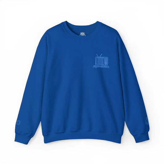Retro TV Crewneck Sweatshirt – 'Glitch Breakdown' Blue Embroidered Graphic 