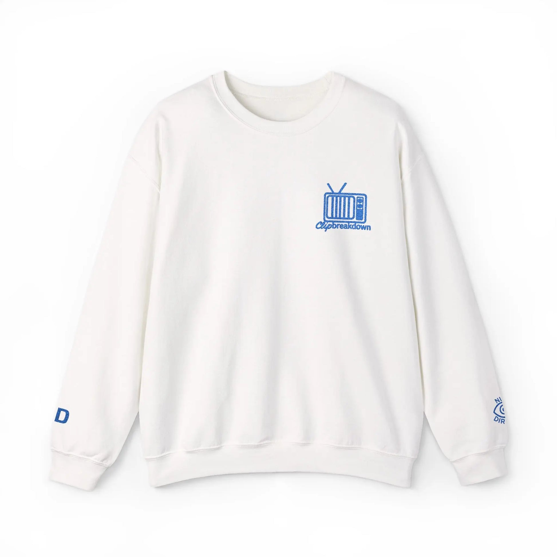 Retro TV Crewneck Sweatshirt – 'Glitch Breakdown' Blue Embroidered Graphic 
