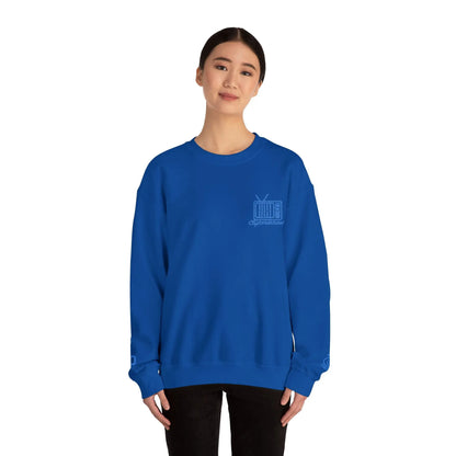 Retro TV Crewneck Sweatshirt – 'Glitch Breakdown' Blue Embroidered Graphic 
