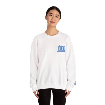 Retro TV Crewneck Sweatshirt – 'Glitch Breakdown' Blue Embroidered Graphic 